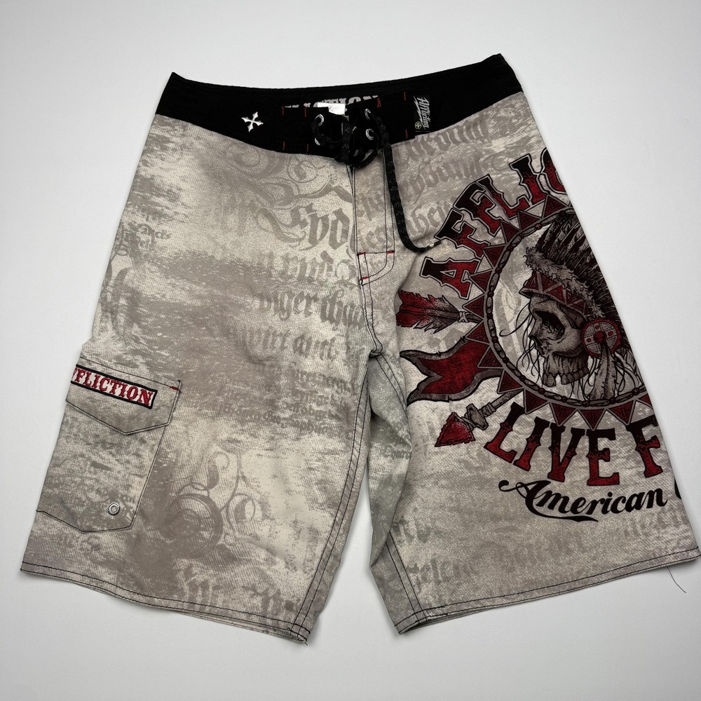 Affliction Board Shorts Mens 30 Gray Skull American Graphic Swim Surf Trunks